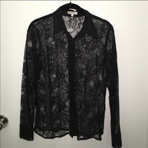 Equipment Black Lace Button Down Blouse
